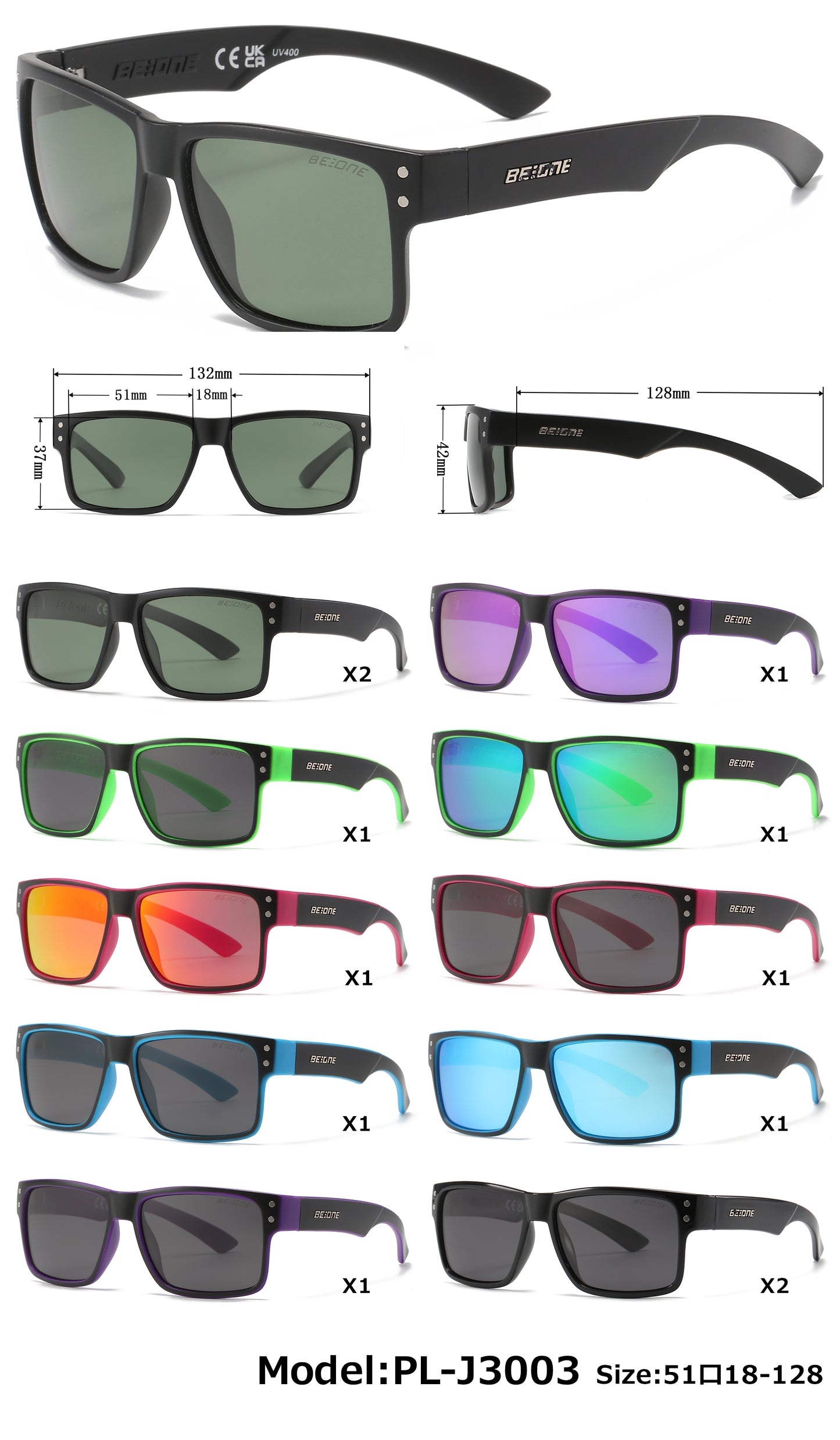 PL 3003 - Junior Rectangular Horn Rimmed Polarized Sunglasses with Studs