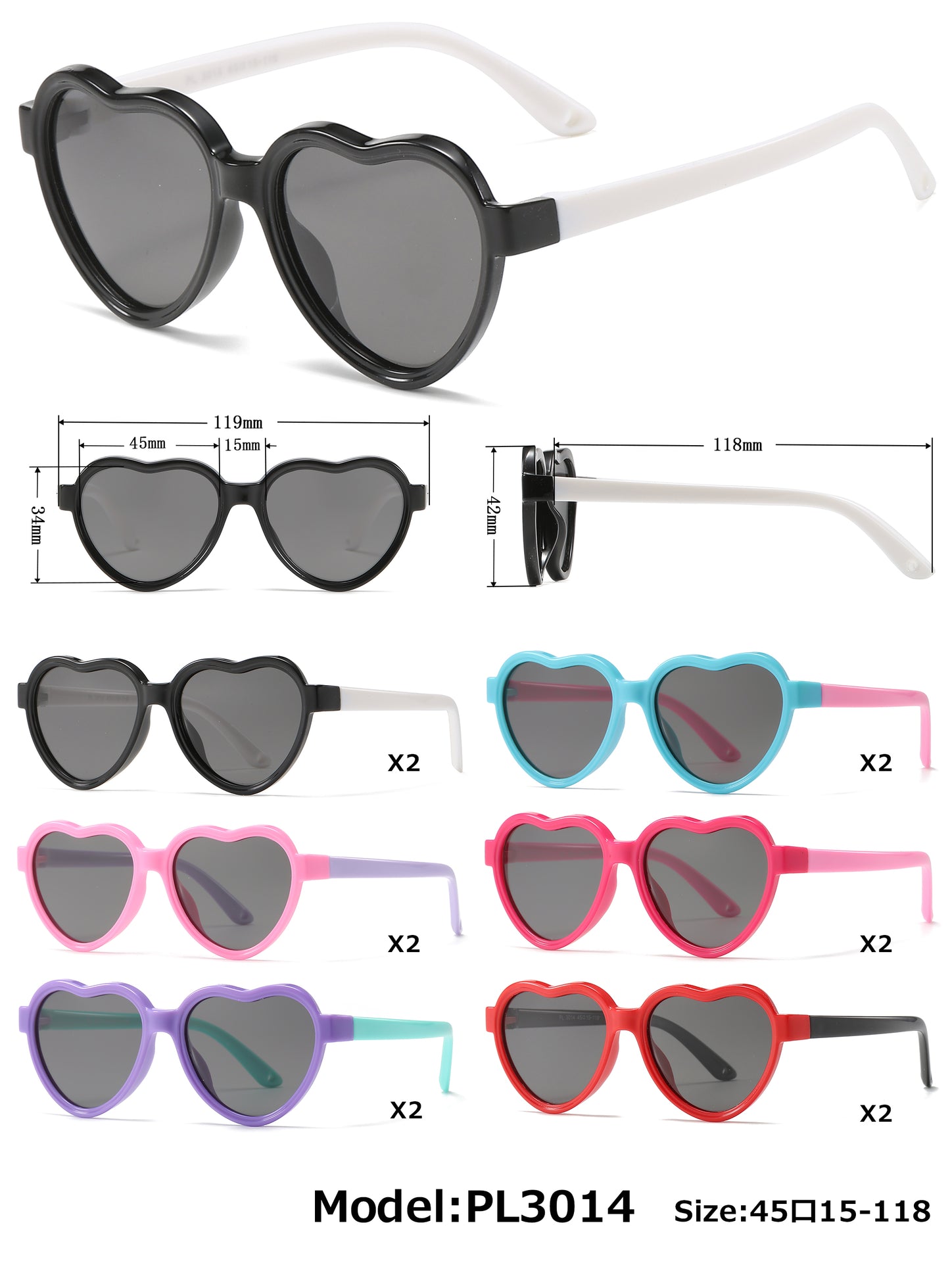 PL 3014 - Polarized Kids TR90 Rubber Heart Shape Sunglasses