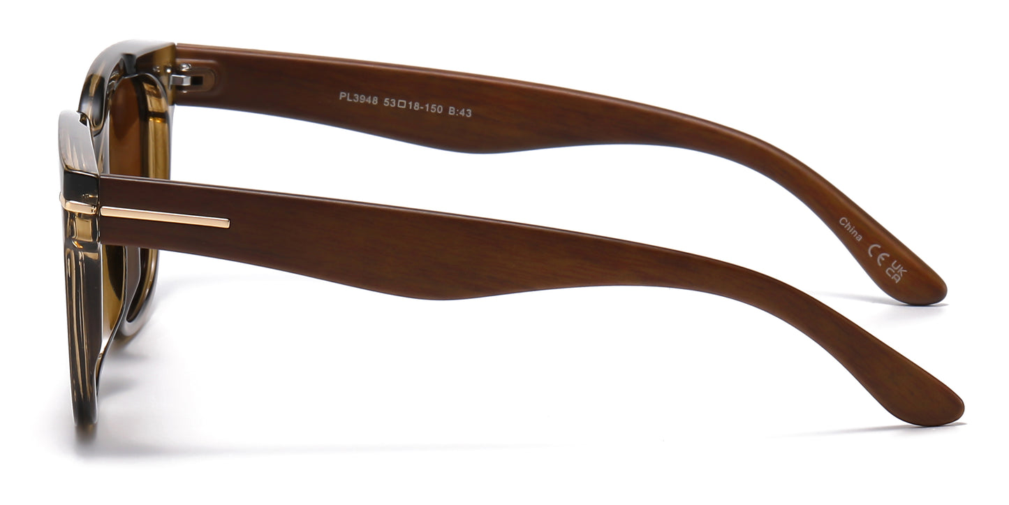 PL 3948 - Polarized Square Sunglasses with Faux Wood Temple
