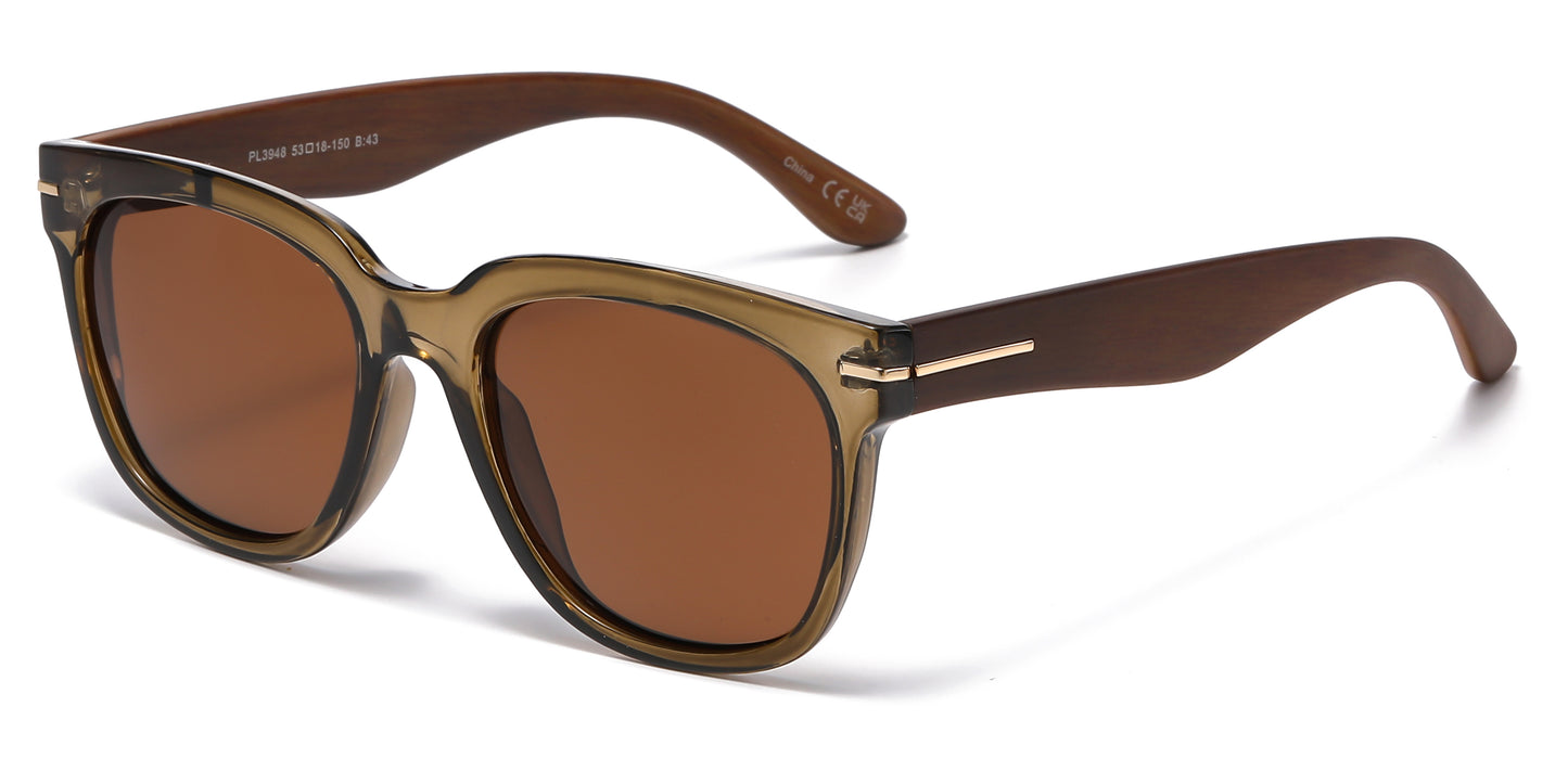 PL 3948 - Polarized Square Sunglasses with Faux Wood Temple
