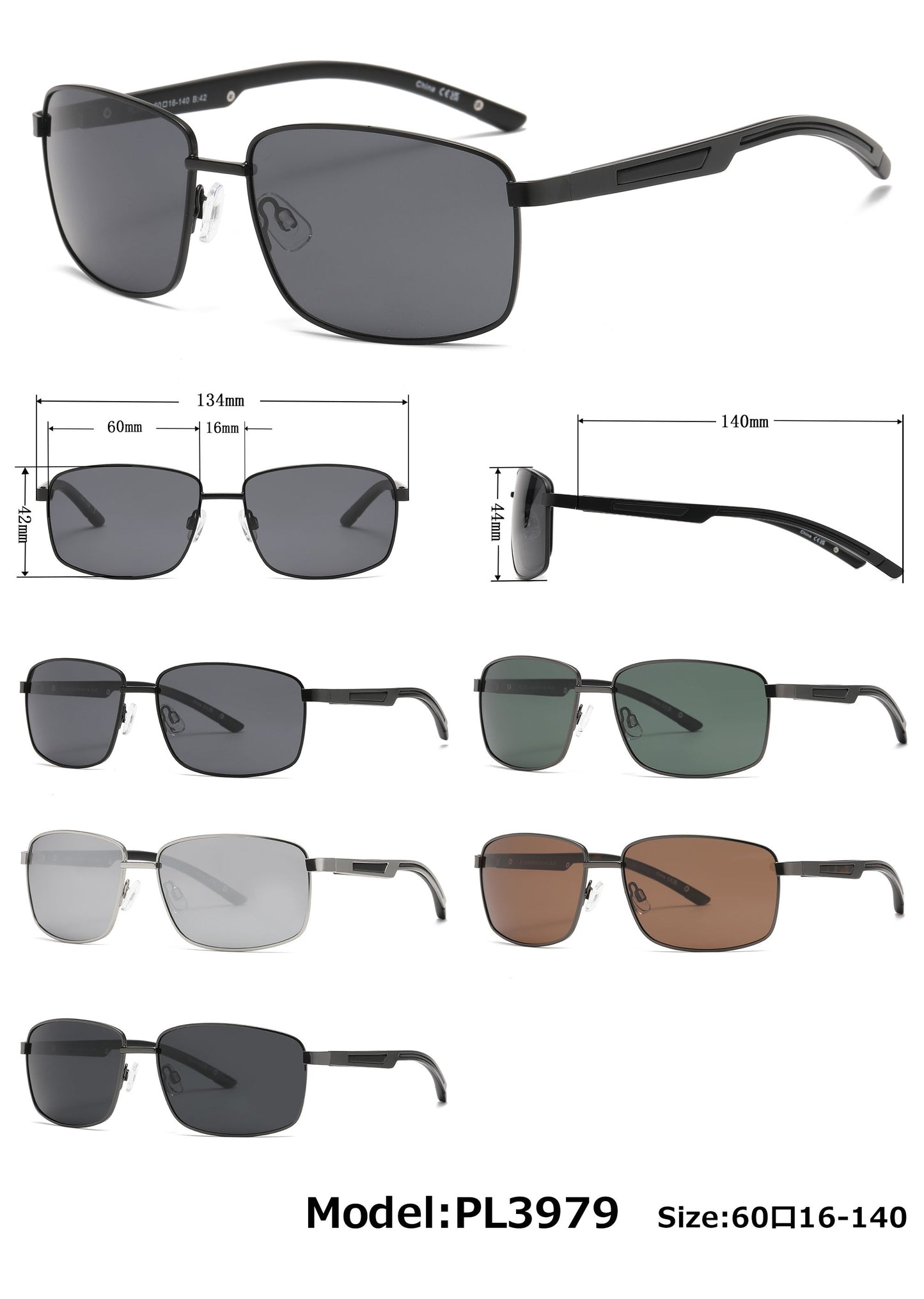 PL 3979 - Polarized Men Rectangular Metal Sunglasses