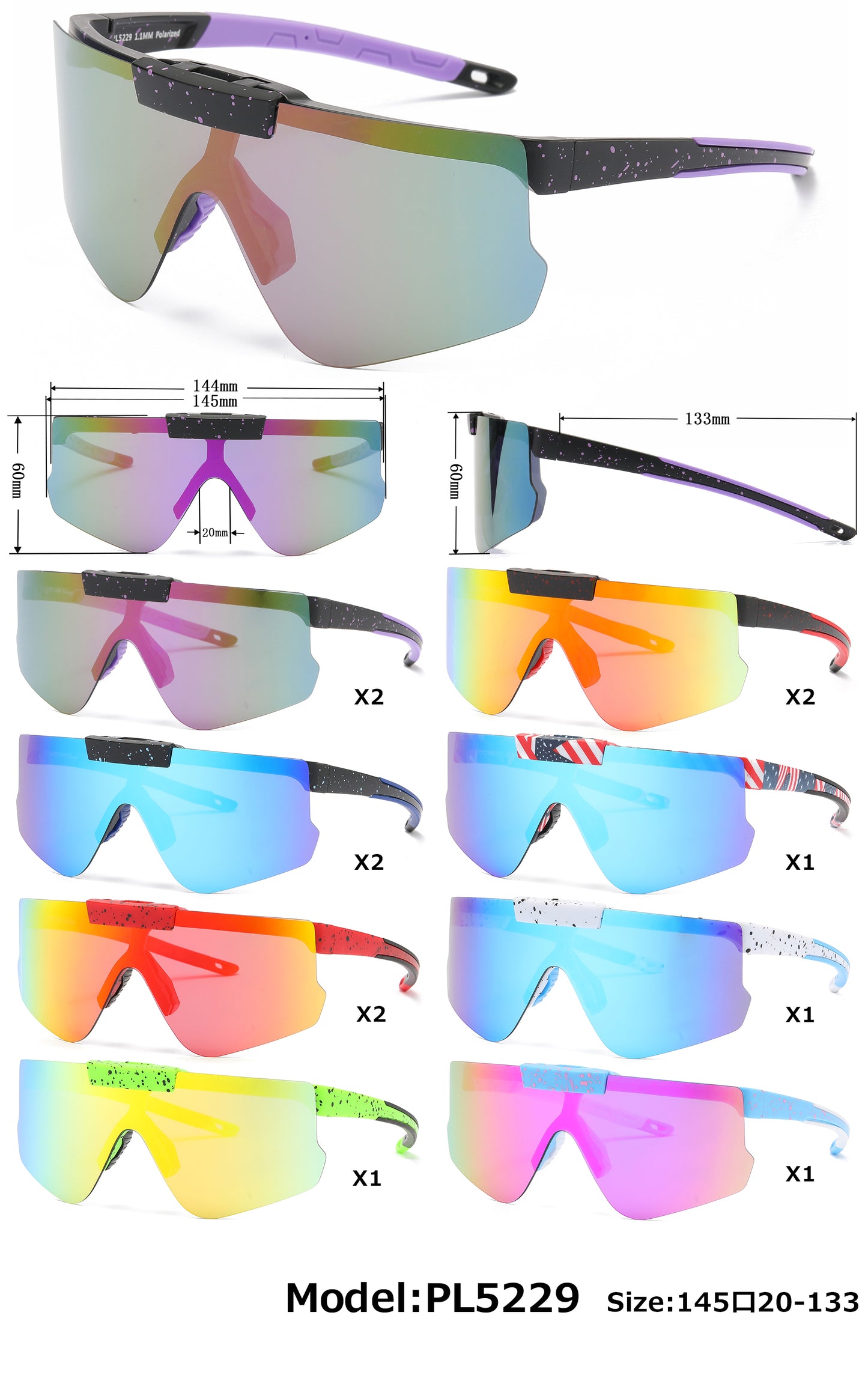 PL 5229 - Polarized Sports Shield Flip Up Lens Plastic Sunglasses