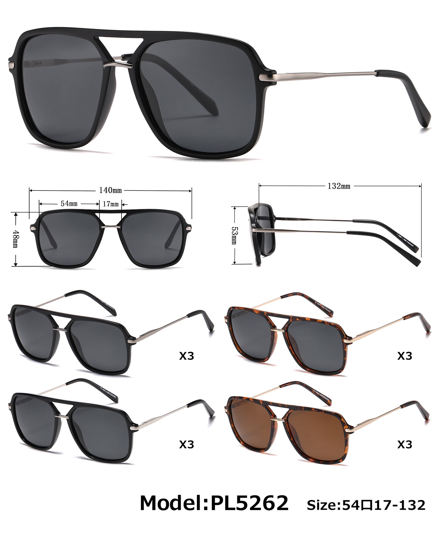 PL 5262 - Polarized Square Aviator Plastic Sunglasses