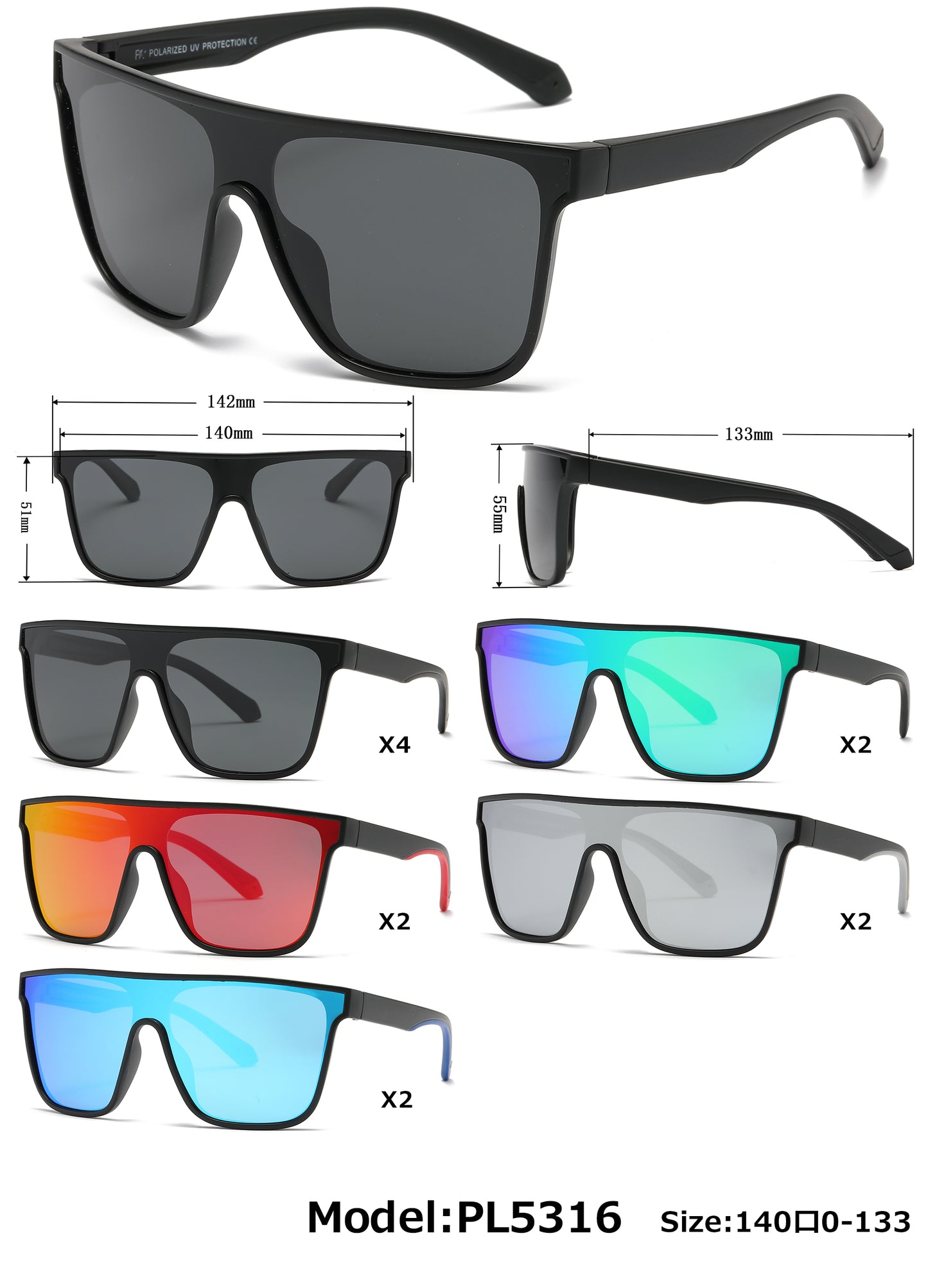 PL 5316 - Polarized One Piece Lens Flat Top Plastic Sunglasses