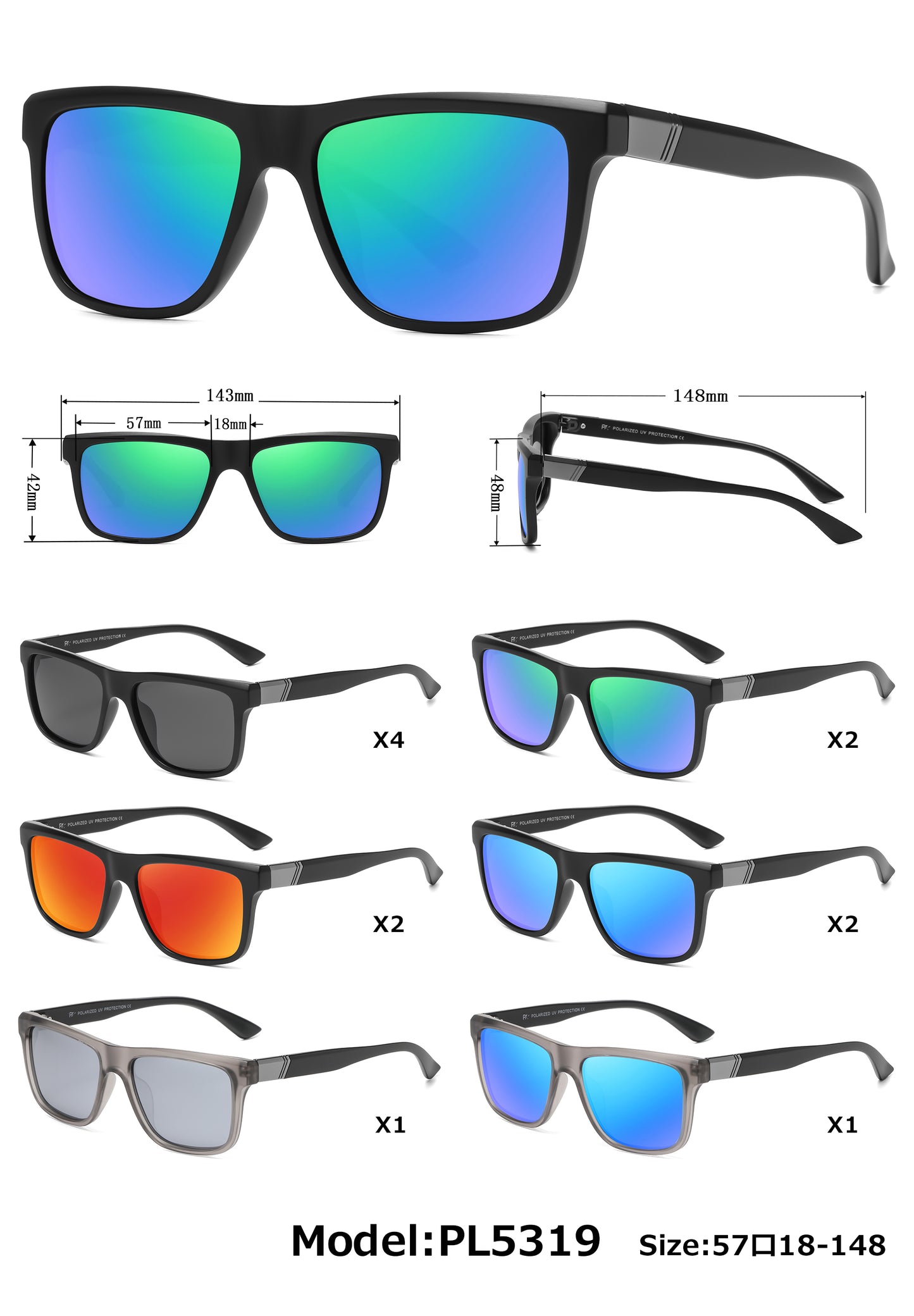 PL 5319 - Rectangular Men Sport Polarized Plastic Sunglasses with Color Mirror Lens