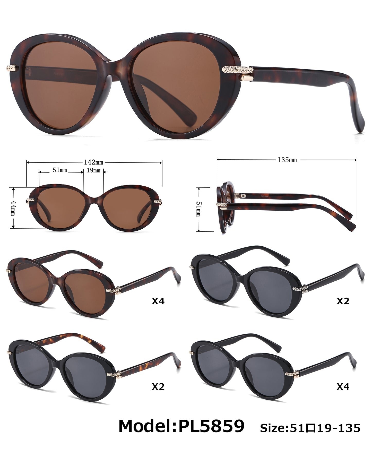 PL 5859 - Polarized Women Round Cat Eye Plastic Sunglasses