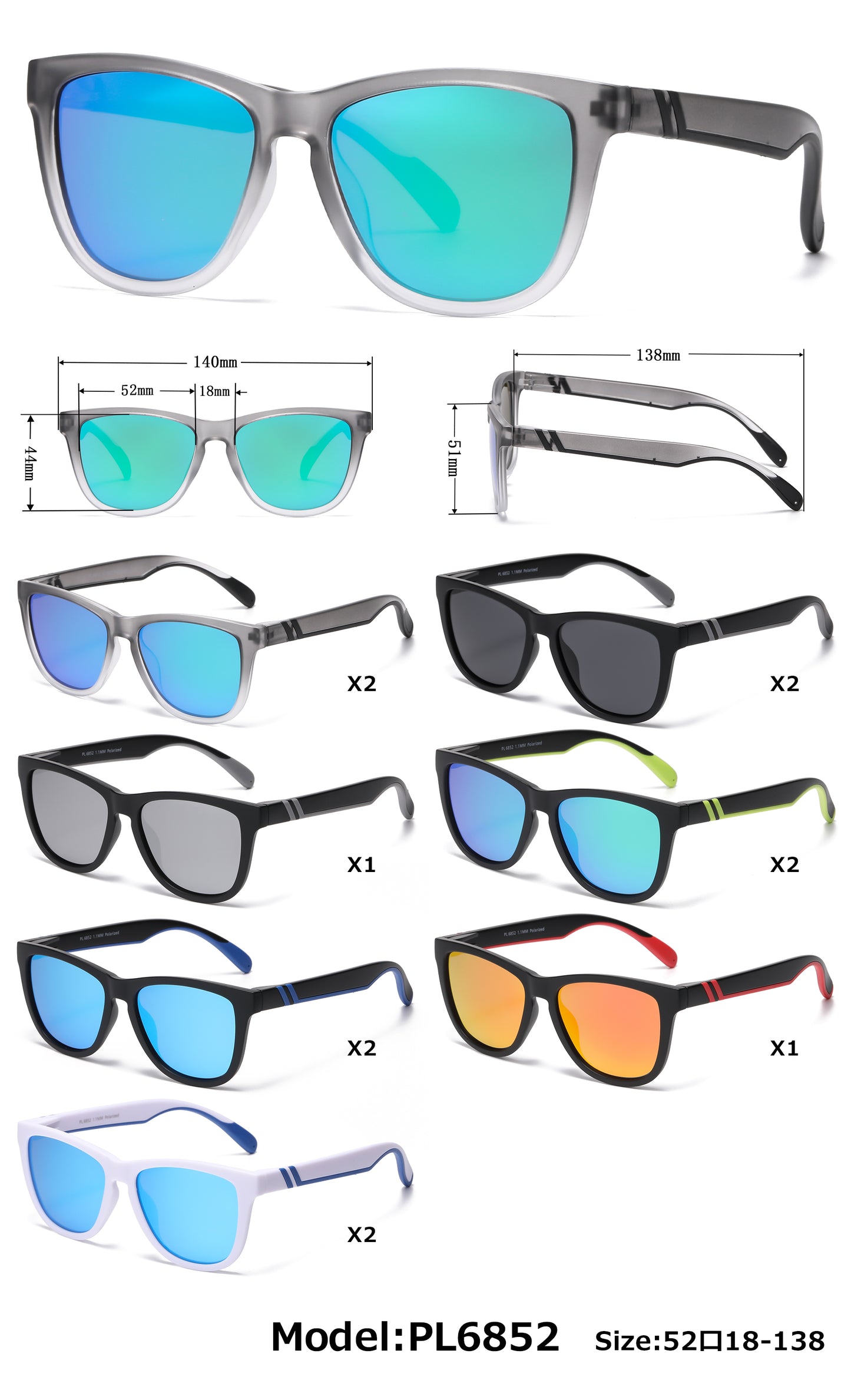 PL 6852 - Classic Polarized Sport with Color Mirror Lens Plastic Sunglasses