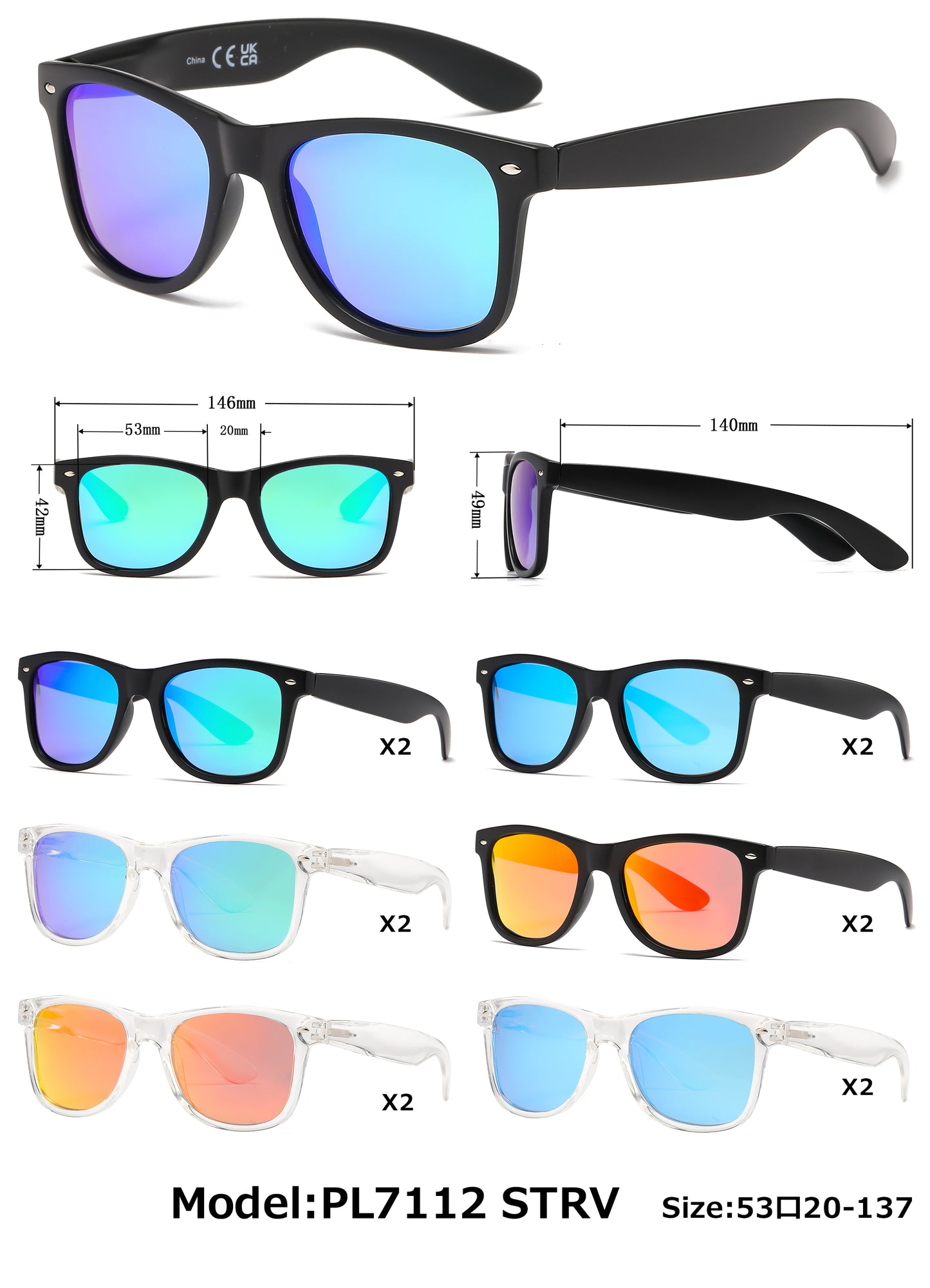 PL 7112 ST RVC - Spring Hinge Polarized Plastic Sunglasses with Color Mirror Lens
