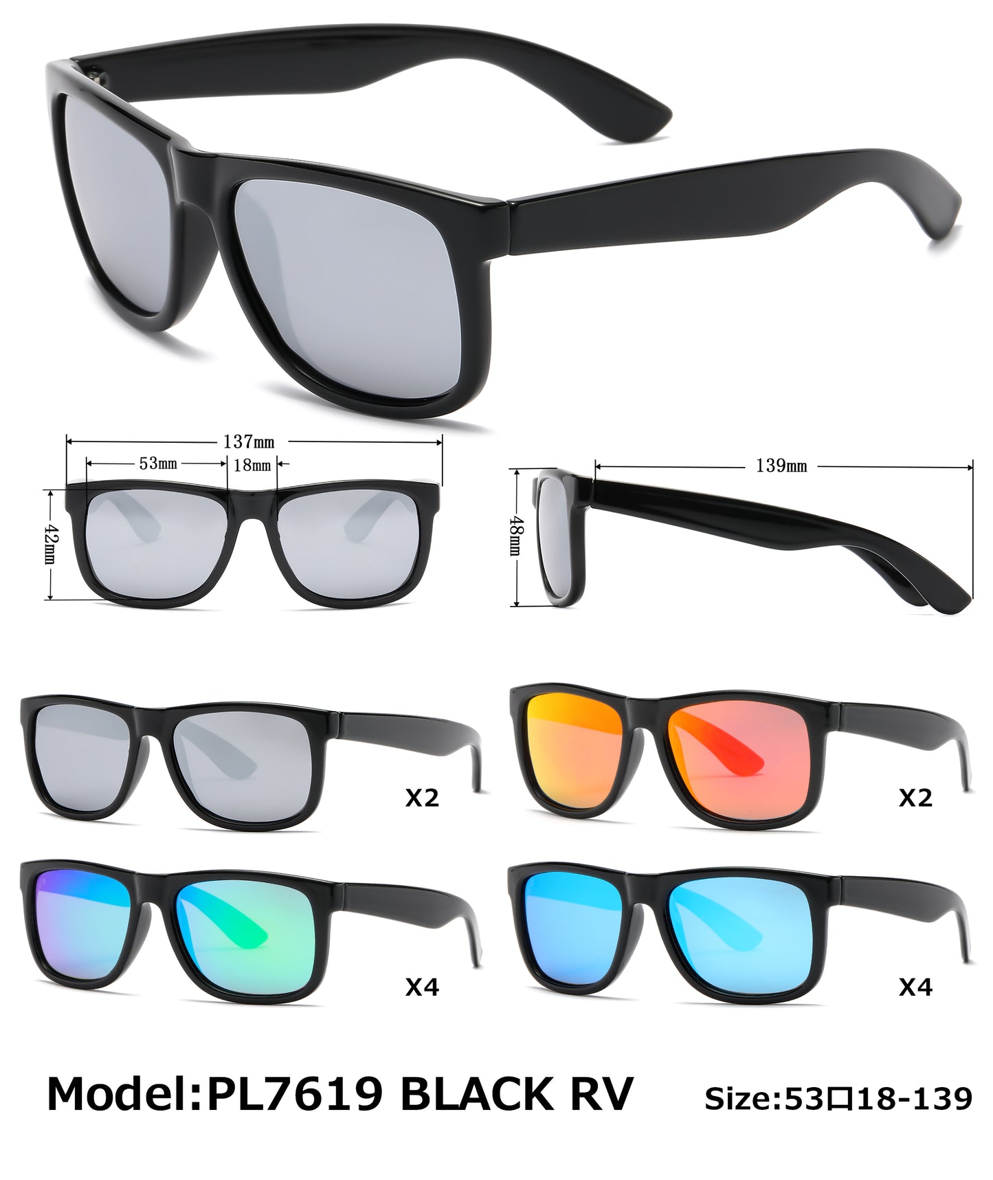 PL 7619 Black RVC - Classic Square Sports Plastic Polarized Sunglasses with Color Mirror Lens