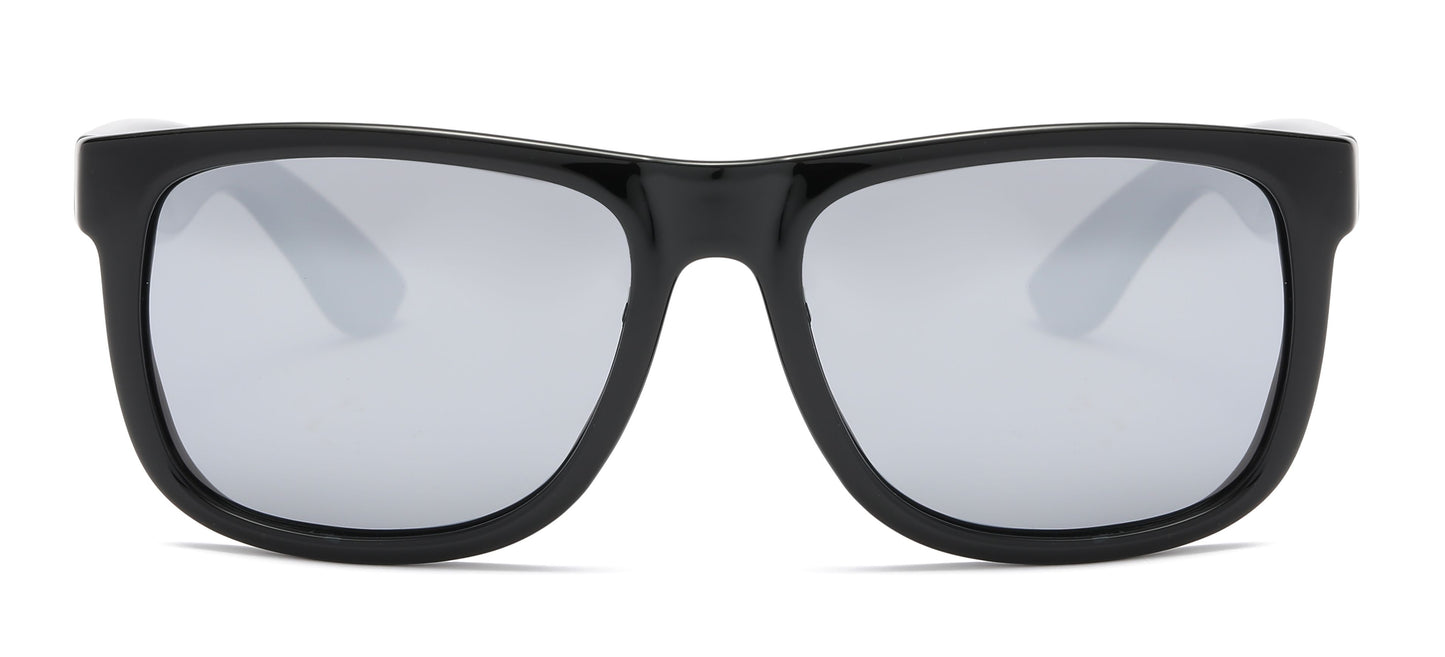PL 7619 Shinny Black RVC - Classic Square Sports Plastic Polarized Sunglasses with Color Mirror Lens
