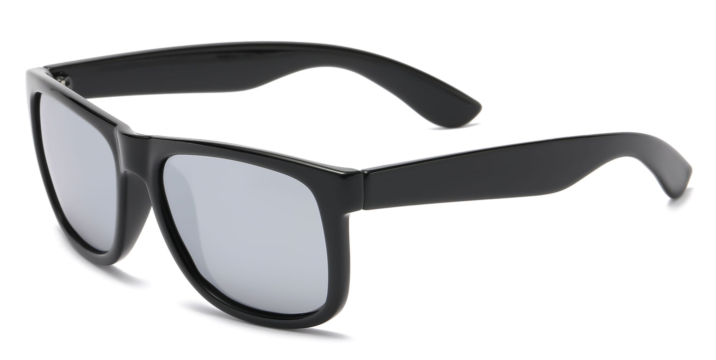 PL 7619 Shinny Black RVC - Classic Square Sports Plastic Polarized Sunglasses with Color Mirror Lens