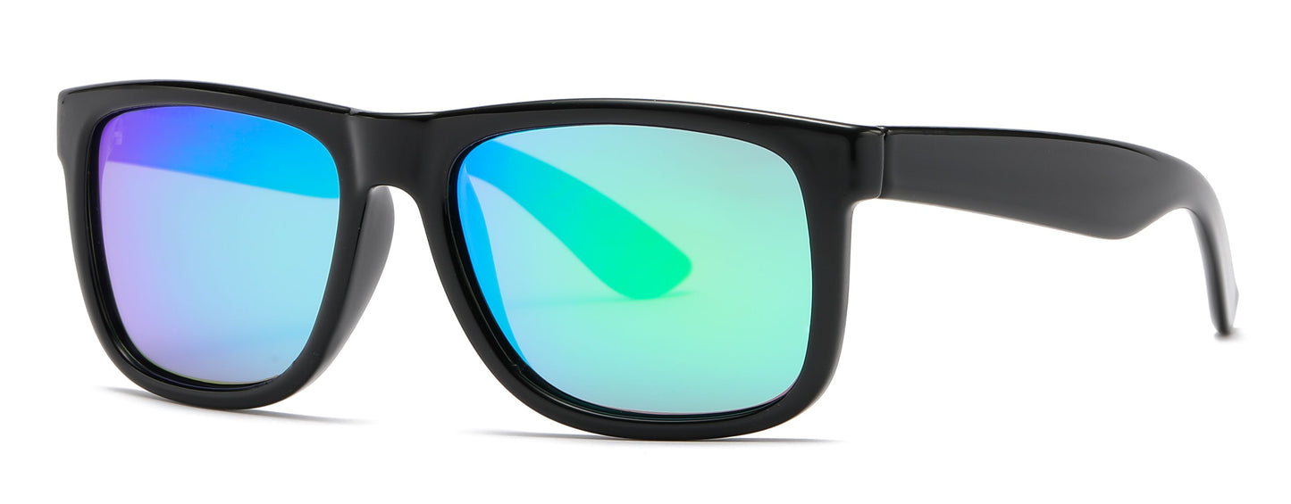 PL 7619 Shinny Black RVC - Classic Square Sports Plastic Polarized Sunglasses with Color Mirror Lens