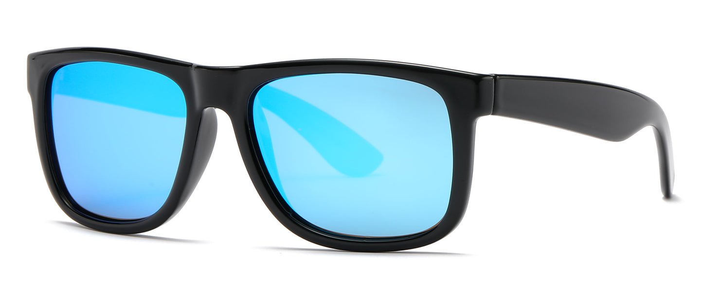 PL 7619 Shinny Black RVC - Classic Square Sports Plastic Polarized Sunglasses with Color Mirror Lens