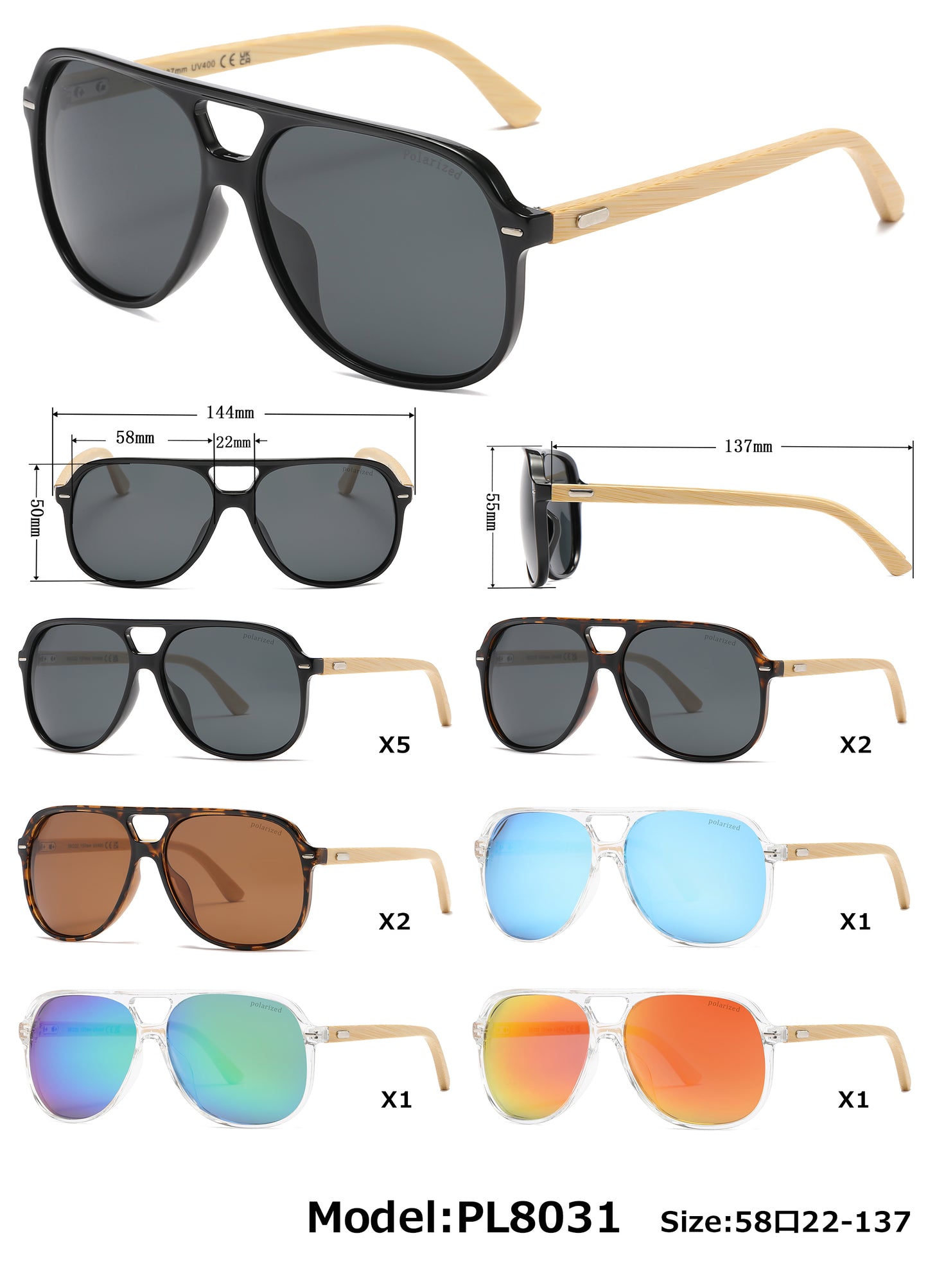 PL 8031 - Bamboo Polarized Flat Top Sunglasses