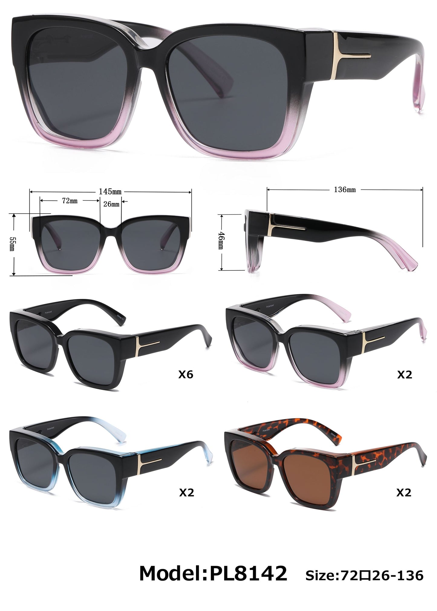 PL 8142 - Cover Over Polarized Women Square Plastic Sunglasses