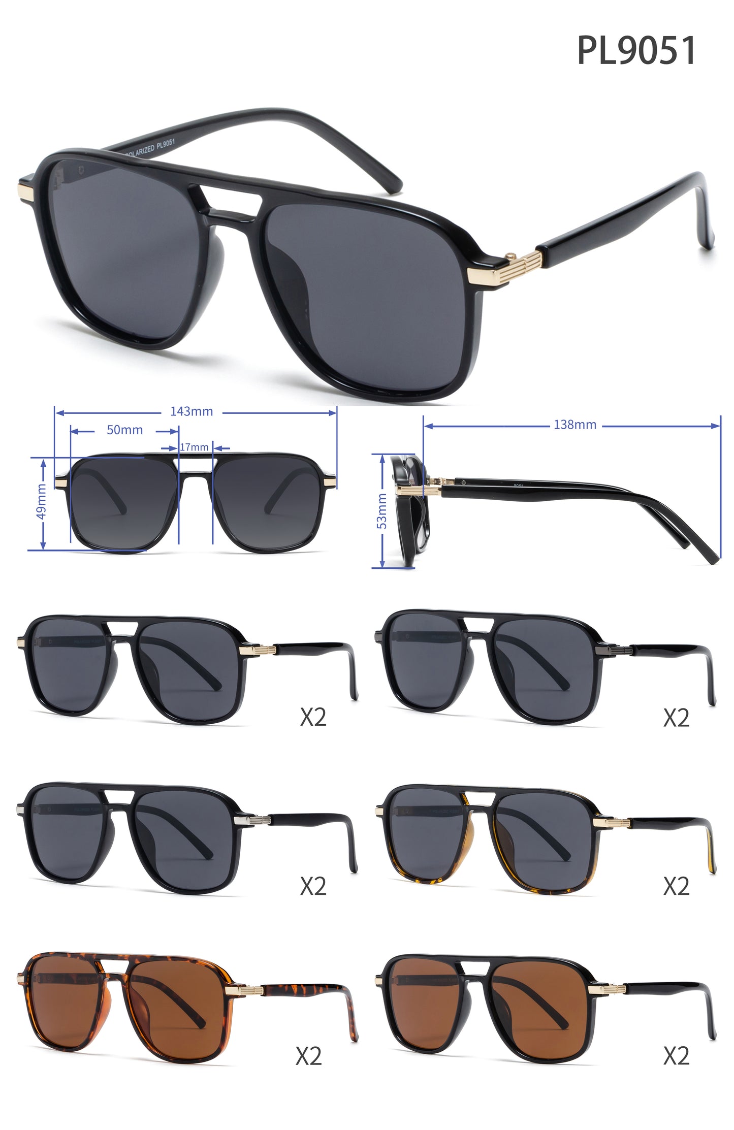 PL 9051 - Polarized Classic Square Aviator Fashion Plastic Sunglasses