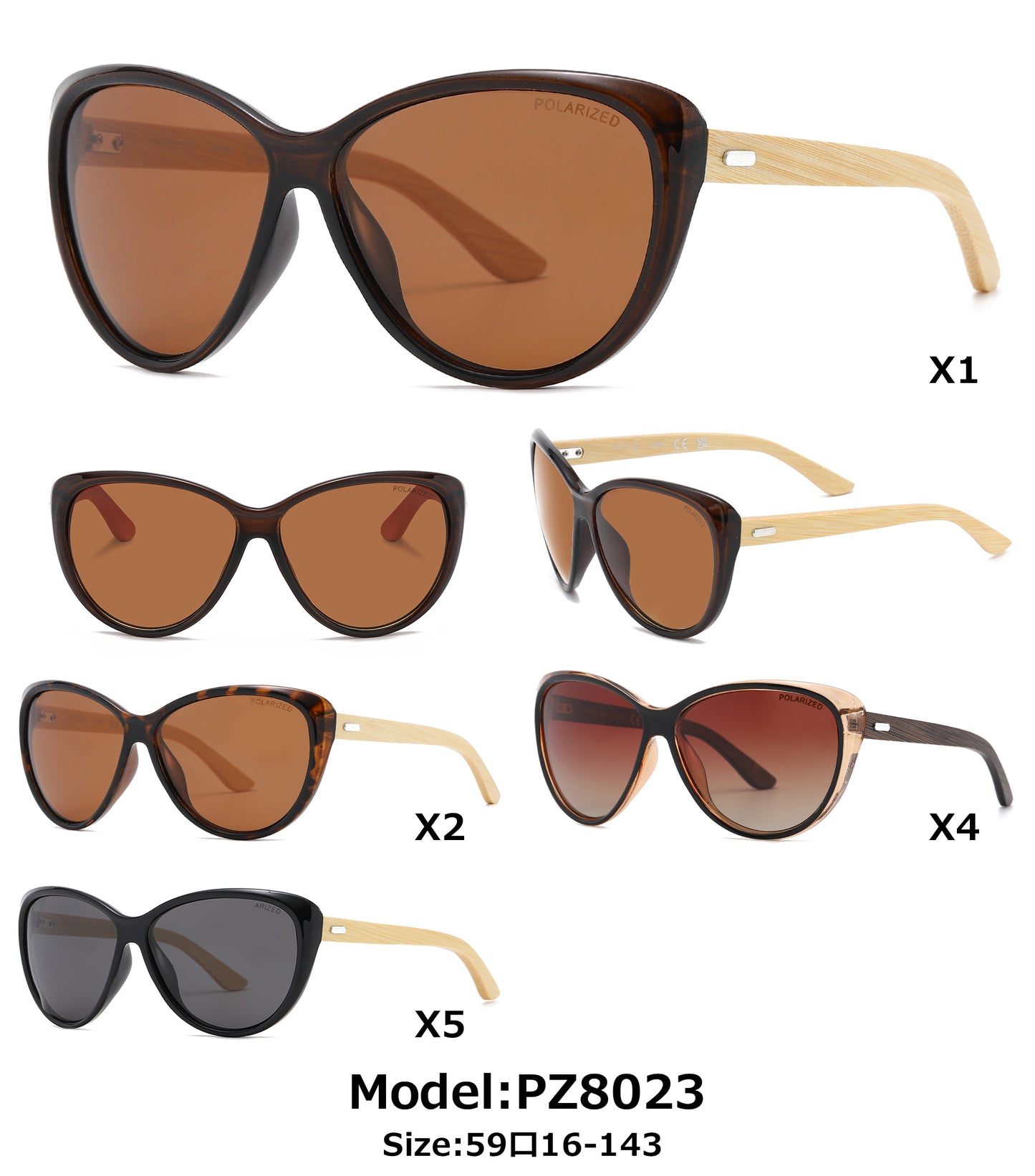 PL 8023 - Polarized Plastic Cat Eye Bamboo Sunglasses