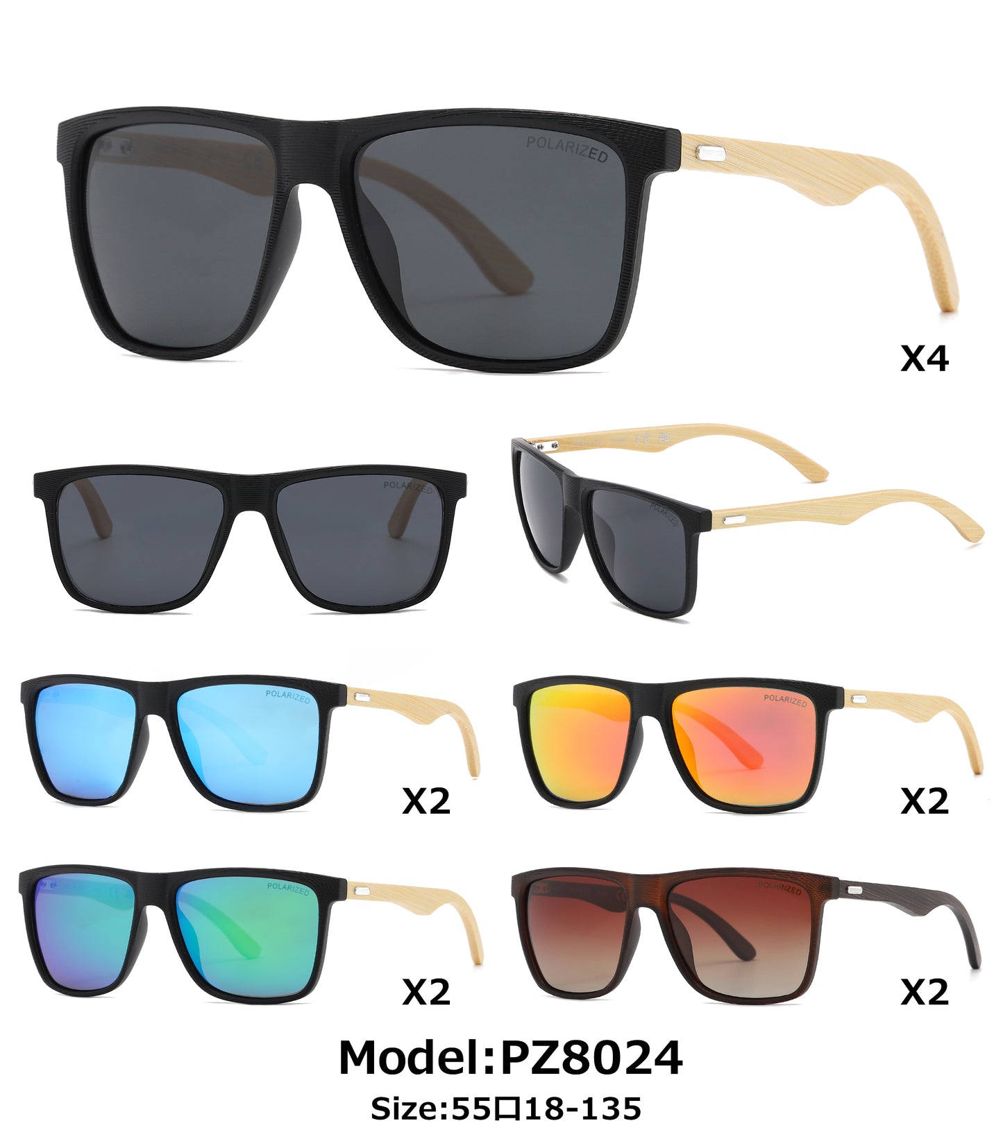PL 8024 - Polarized Square Frame Bamboo Sunglasses