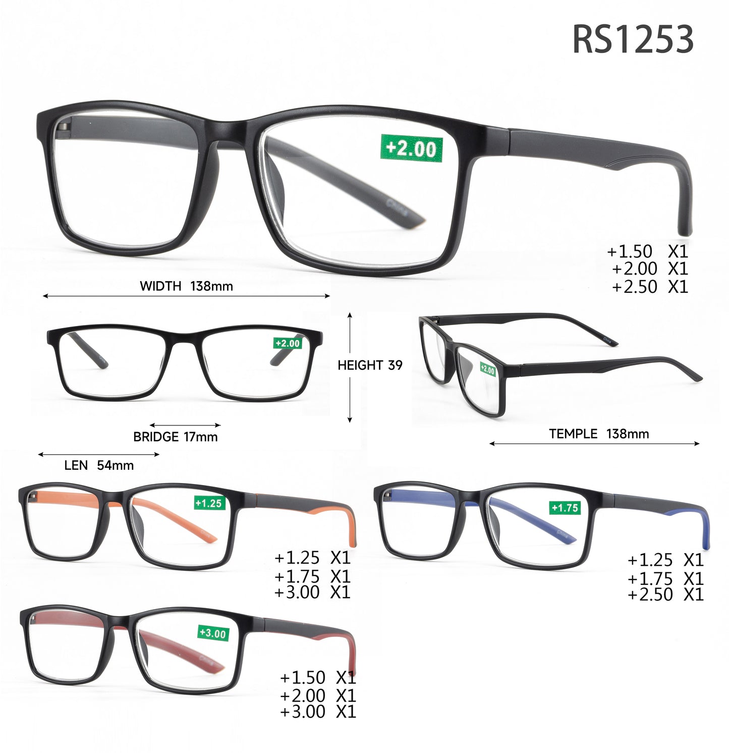 RS 1253 - Plastic Rectangular Reading Glasses