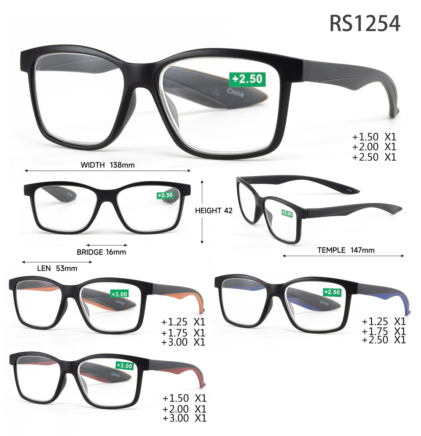 RS 1254 - Plastic Rectangular Reading Glasses