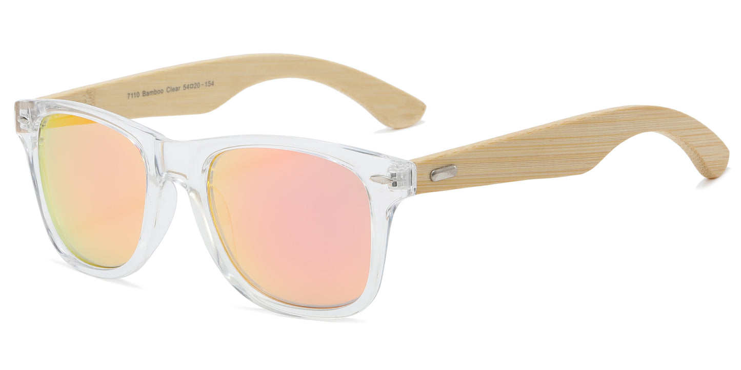 7110 Clear RVC Bamboo - Classic Bamboo Temple Sunglasses Color Mirror Polycarbonate Lens