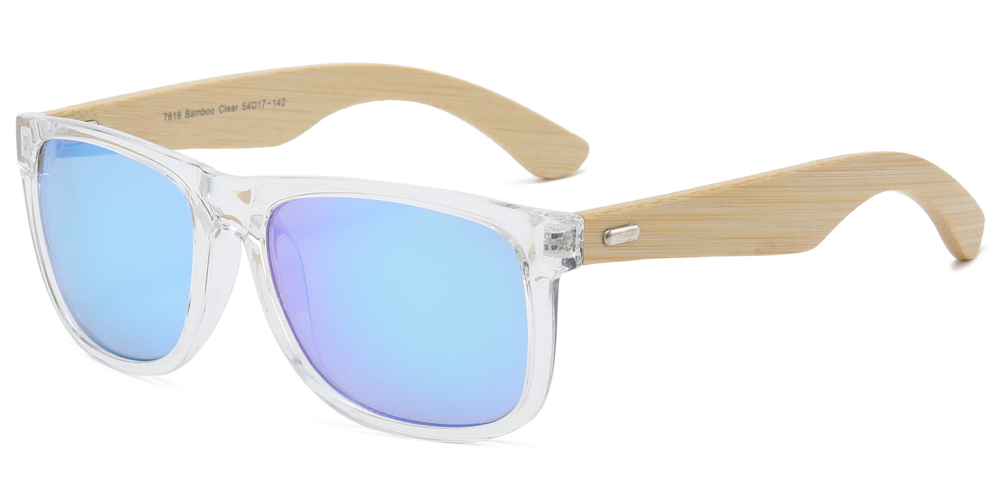 7619 Clear RVC Bamboo - Classic Bamboo Temple Sunglasses Color Mirror Polycarbonate Lens