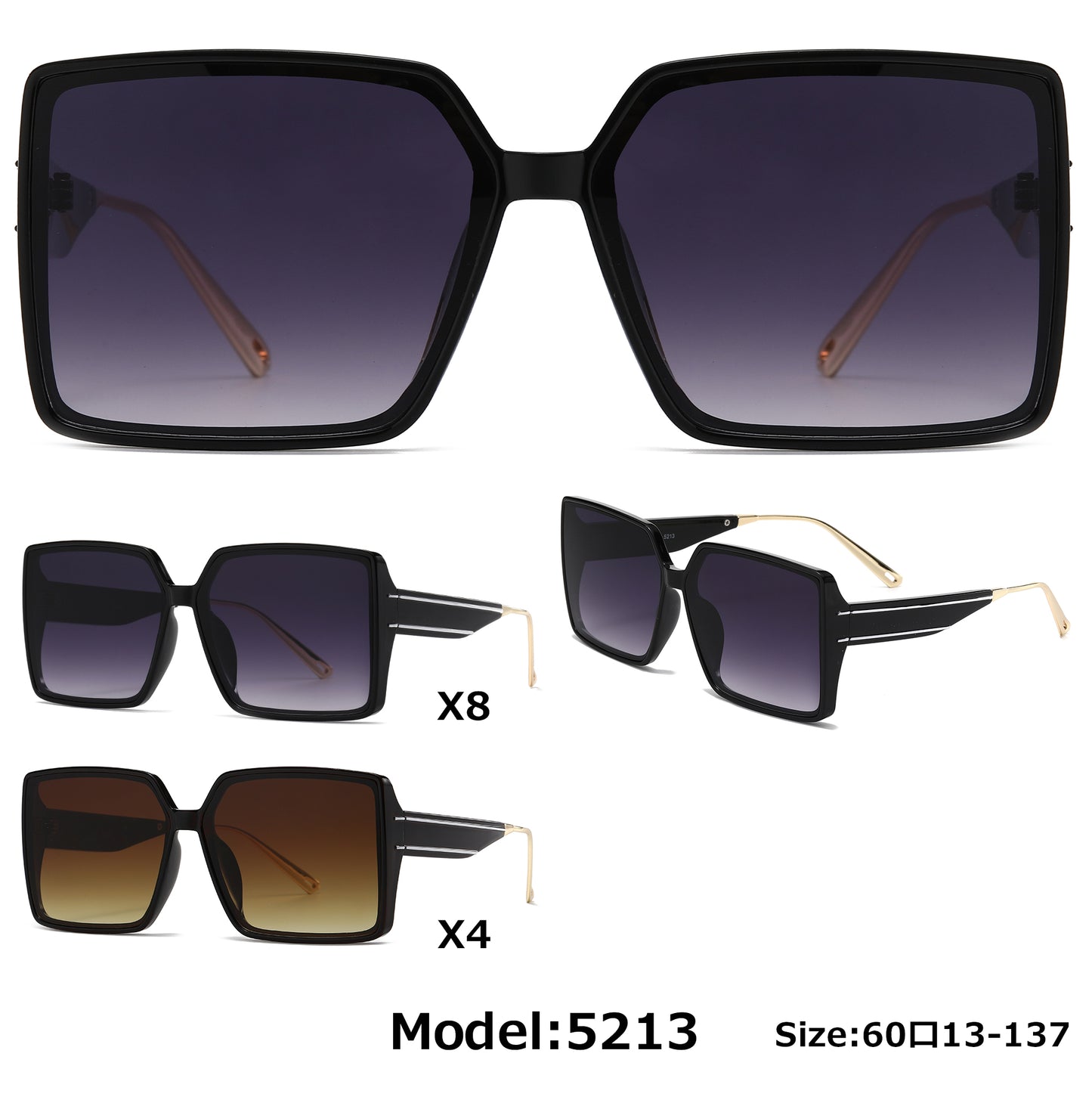 5213 - Square Plastic Fashion Sunglasses with Metal Tip Temple