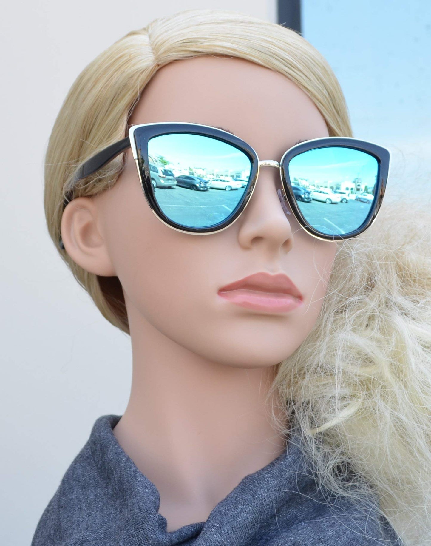 PL 8523 Black Blue RV - Polarized Cat Eye Black Sunglasses with Blue Mirror Lens