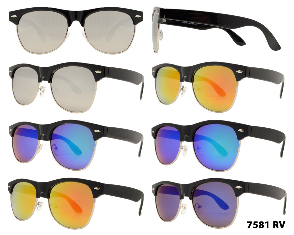 7581 RVC - Retro Horn Rimmed with Color Mirror Lens Plastic Sunglasses