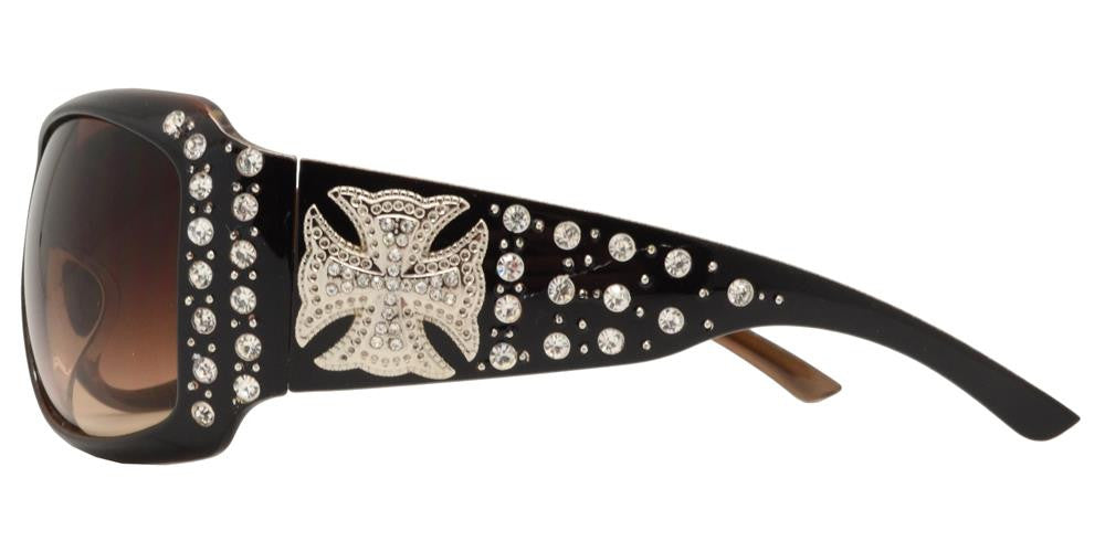 Wholesale - 7659 Brown - Square Chunky Sunglasses with Rhinestones and Cross Concho - Dynasol Eyewear