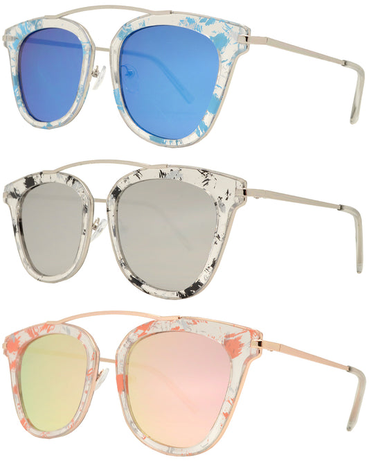 8561 RVC - Women's Fashion Sunglasses with Color Mirror Lens and Brow Bar no Bridge