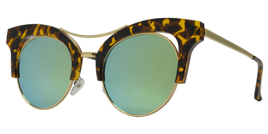 7918 RVC - Horn Rimmed Cat Eye Half Frame Sunglasses with Round Color Mirror Flat Lens