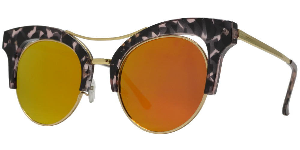 7918 RVC - Horn Rimmed Cat Eye Half Frame Sunglasses with Round Color Mirror Flat Lens