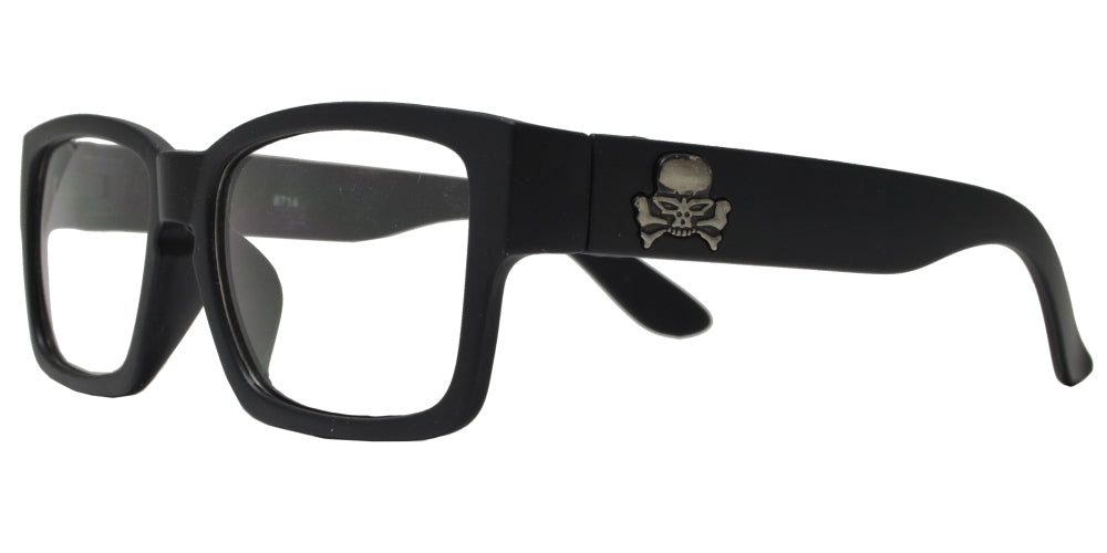 8714 Plastic Skull - Plastic Horn Rimmed Sunglasses with Clear Lens and Skull on Temple