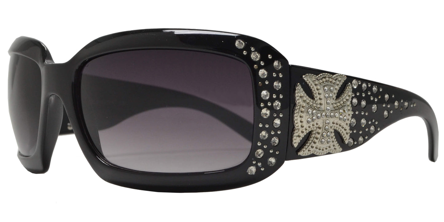 7674 - Rectangular Chunky Sunglasses with Cross Concho and Rhinestones