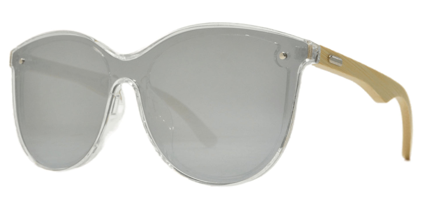 7982 Bamboo - Round Plastic Cat Eye Sunglasses with Bamboo Temple