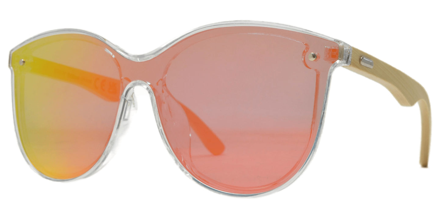 7982 Bamboo - Round Plastic Cat Eye Sunglasses with Bamboo Temple