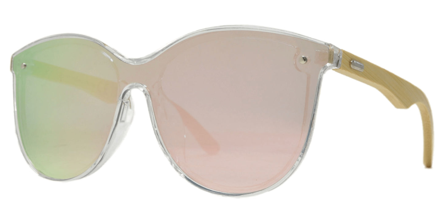 7982 Bamboo - Round Plastic Cat Eye Sunglasses with Bamboo Temple