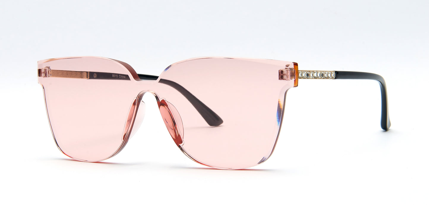 8015 - Rimless One Piece Lens Plastic Sunglasses with Rhinestones