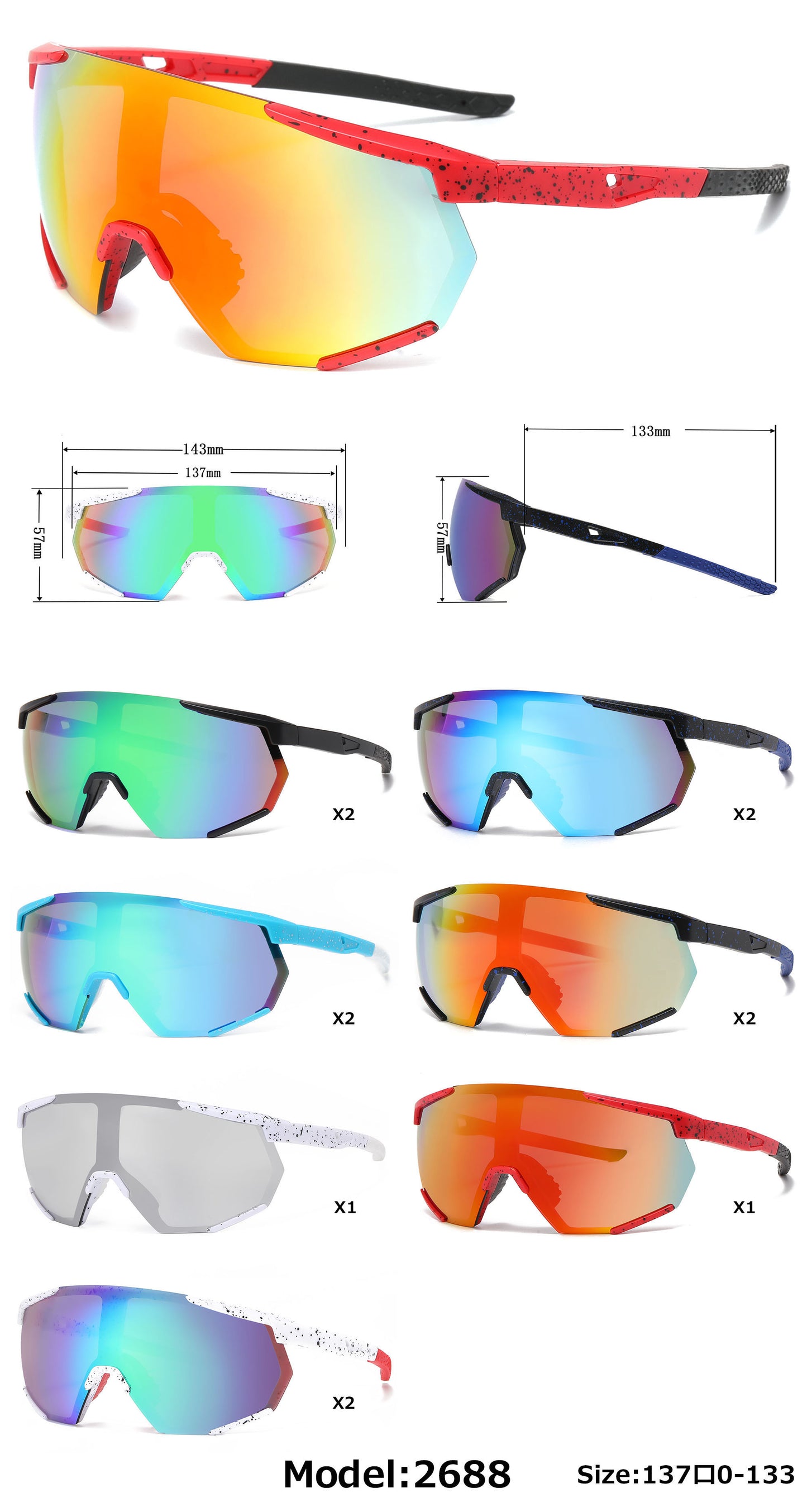 2688 - Semi Rimless Color Mirror One Piece Shield Lens Sports Plastic Sunglasses