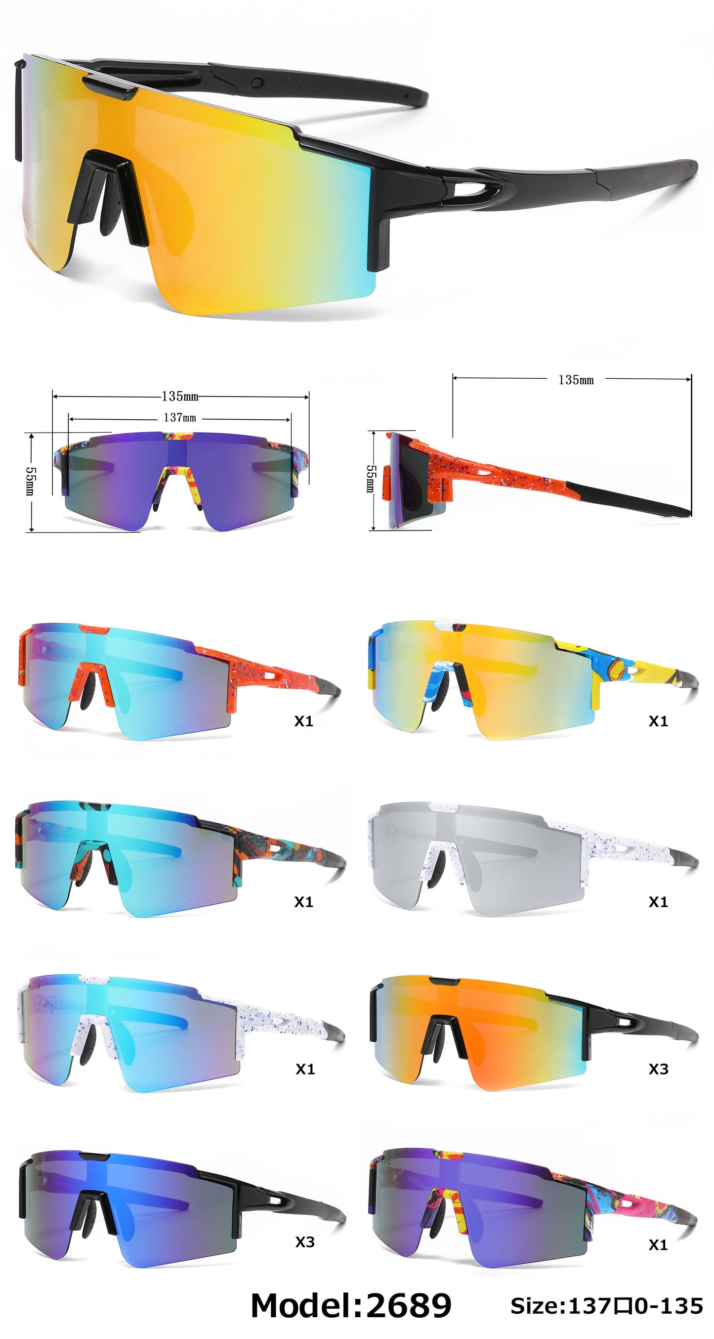 2689 - Semi Rimless Sports Shield Plastic Sunglasses with Color Mirror Lens