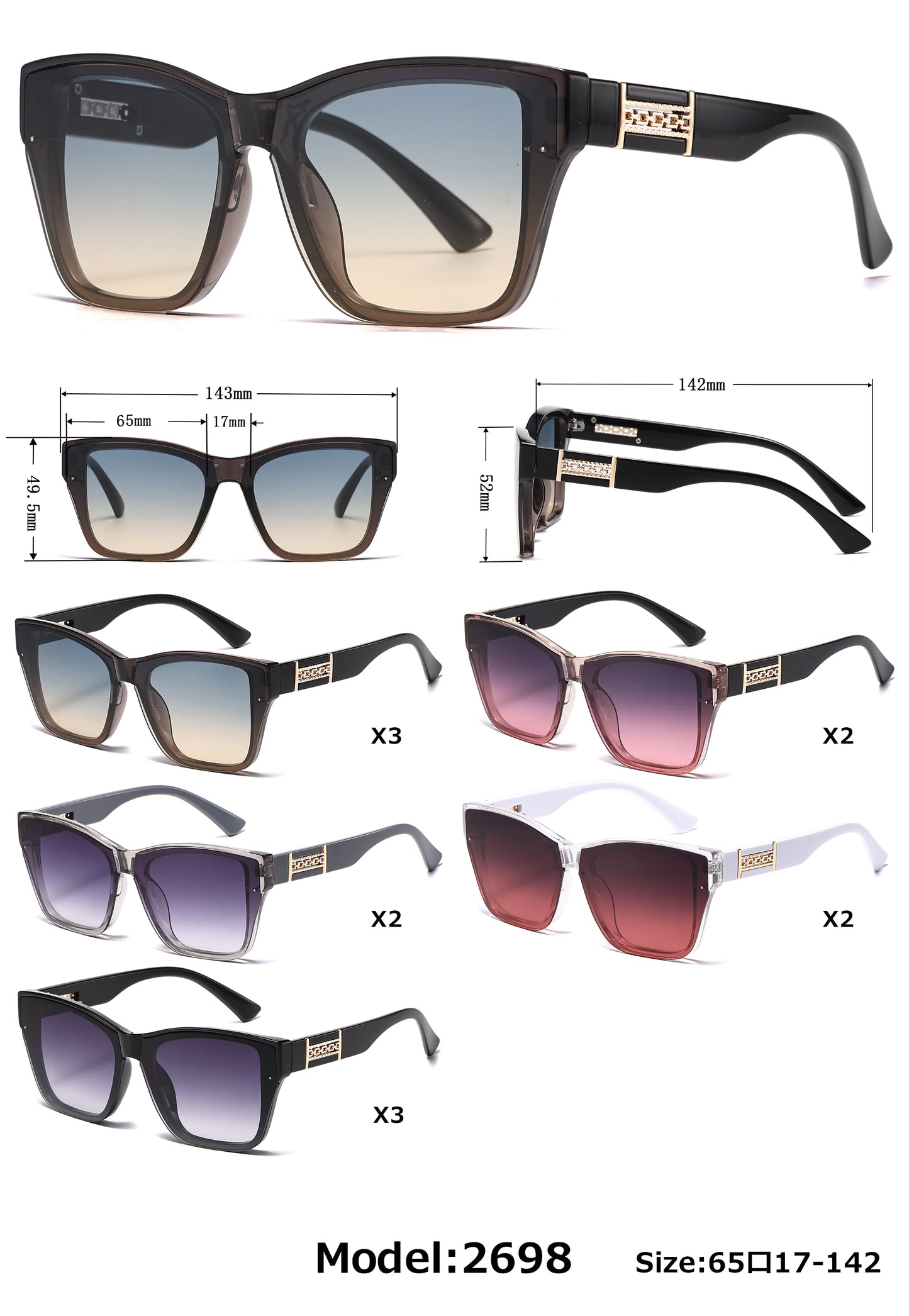 2698 - Square Cat Eye Plastic Sunglasses with Flat Lens