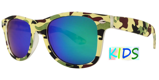 4567 Camo RV - Kids Classic Horn Rimmed Camo Print Sunglasses with Color Mirrored Lens