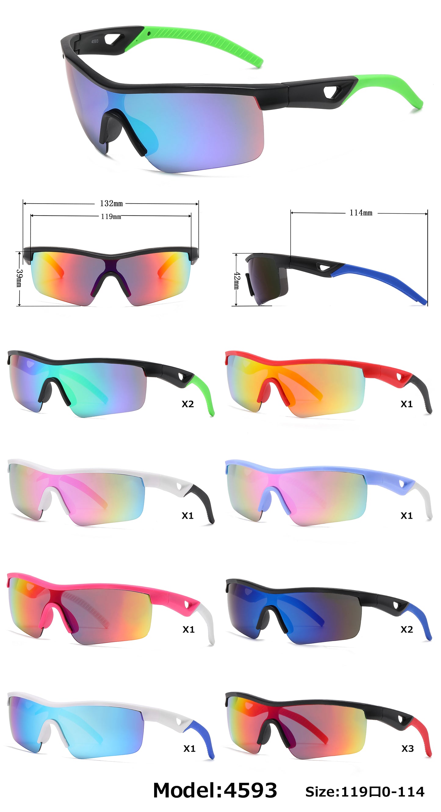 4593 -  Kids Sports Semi Rimless One Piece Lens Plastic Sunglasses