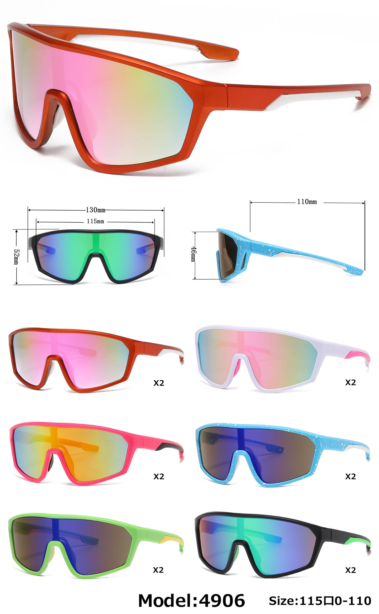 4906 - Kids Sport One Piece Shield Plastic Sunglasses with Color Mirrored Lens