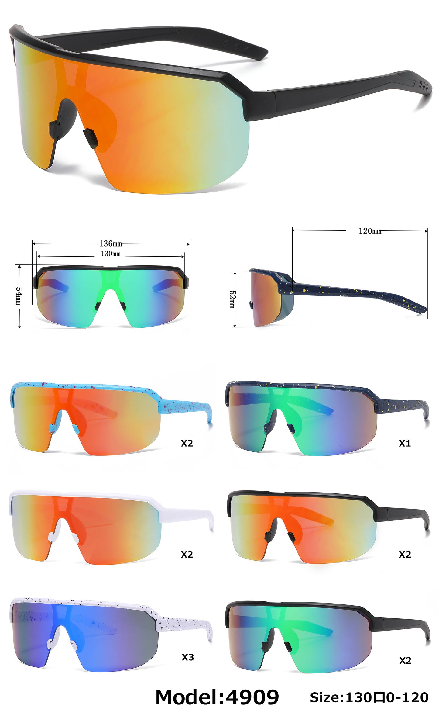 4909 - Kids Semi Rimless Color Mirror One Piece Shield Lens Sports Plastic Sunglasses