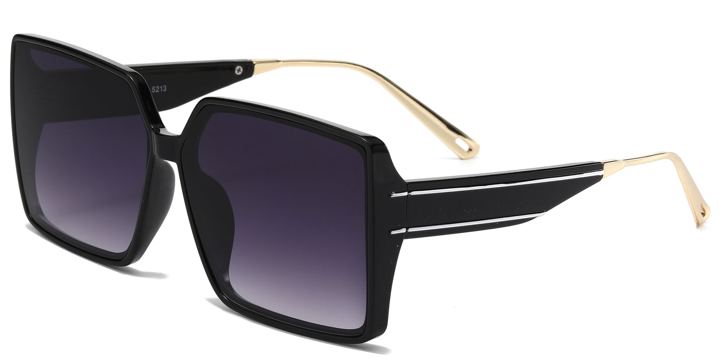 5213 - Square Plastic Fashion Sunglasses with Metal Tip Temple