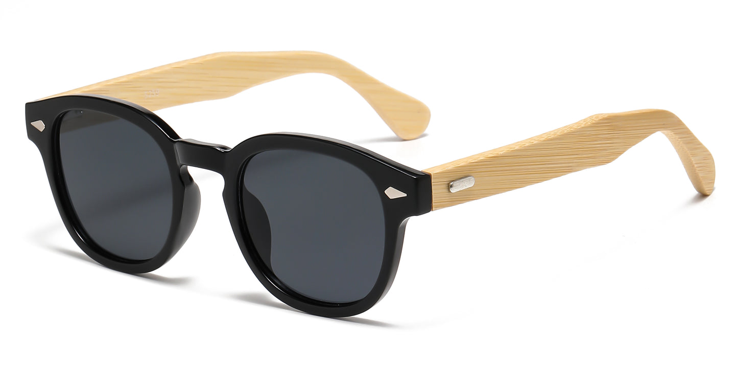 5259 Bamboo - Round Plastic Frame with Key Hole Bamboo Temple Sunglasses