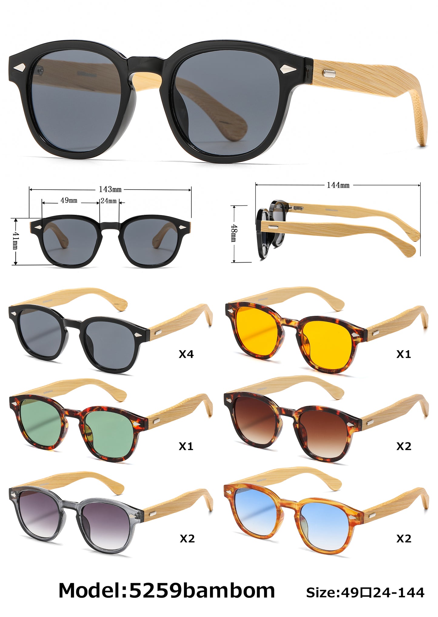 5259 Bamboo - Round Plastic Frame with Key Hole Bamboo Temple Sunglasses