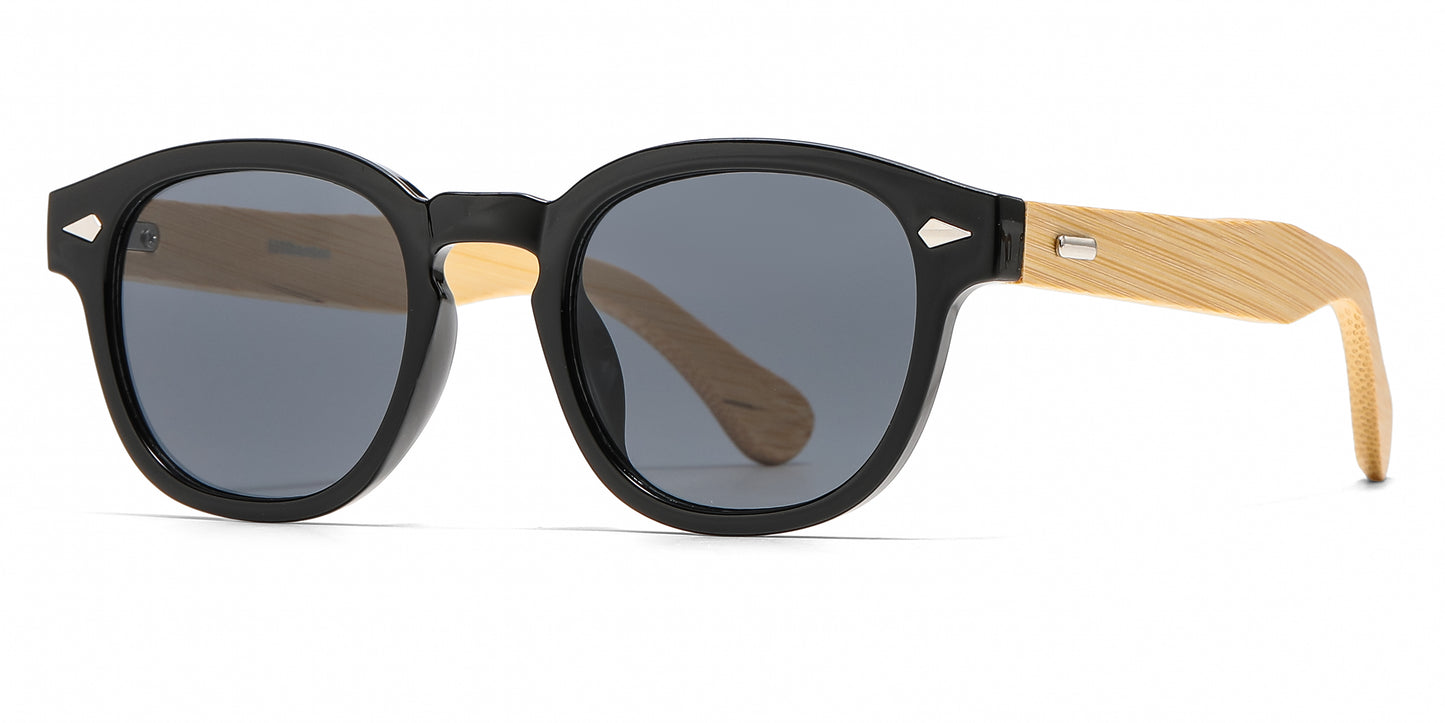 5259 Bamboo - Round Plastic Frame with Key Hole Bamboo Temple Sunglasses